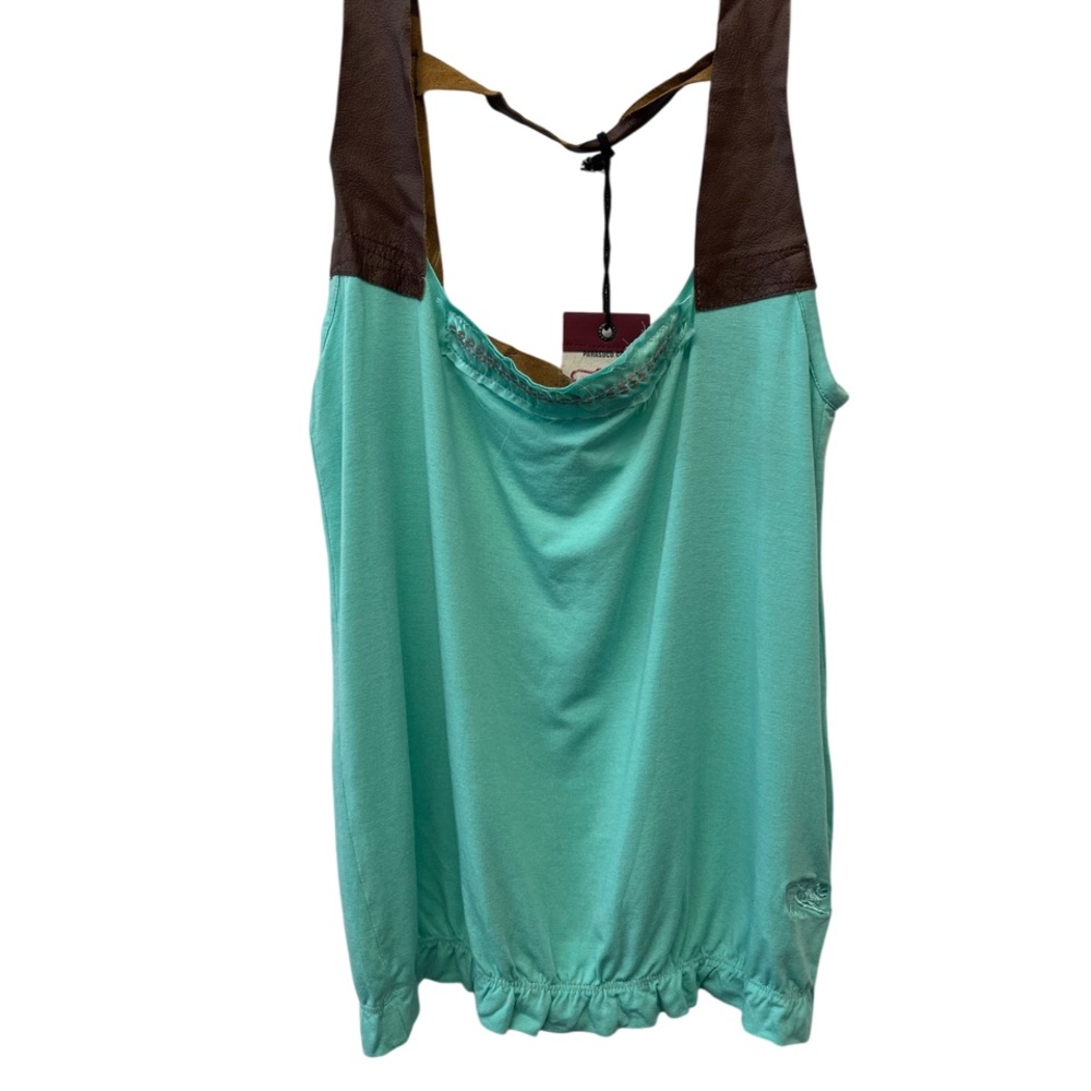 NWT Vintage Parasuco Mint Teal Sleeveless Top with Brown Leather Straps - Picture 4 of 5